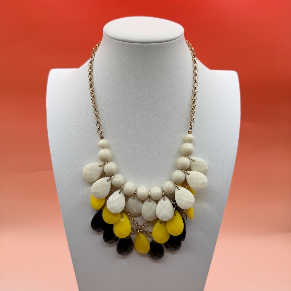 Charming Charlie White Yellow Black Teardrop Bead Necklace Chunky Statement Boho